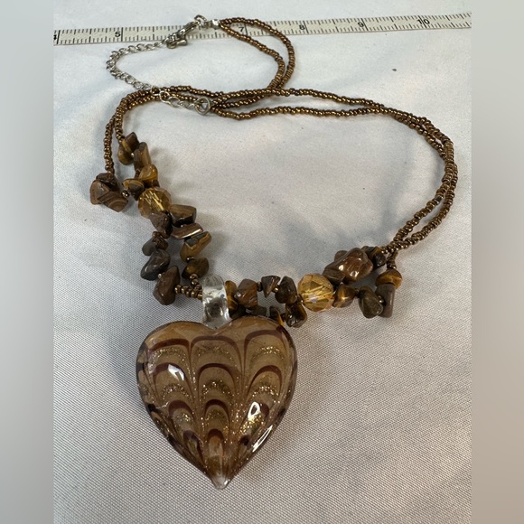 Large glass heart pendant necklace with polished tiger eye beads - Picture 3 of 6